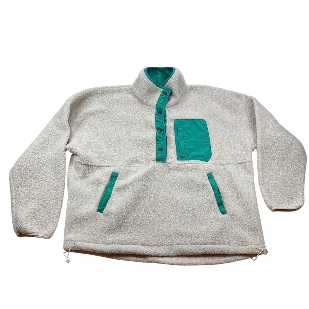 Wilo the Label Cream Sherpa Fleece Pullover Teal Trim Snap Neck Jacket XL
